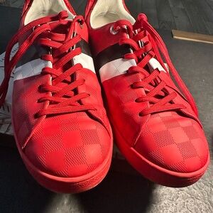 Mens Red Louis Vuitton Checkered Sneakers with Black and White Stripes